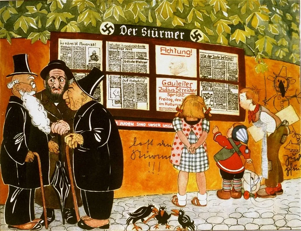 Illustration from the 1936 Nazi children's book Trust No Fox in the Green Meadow and No Jew on his Oath: antisemitic propaganda shown as documented historical evidence
