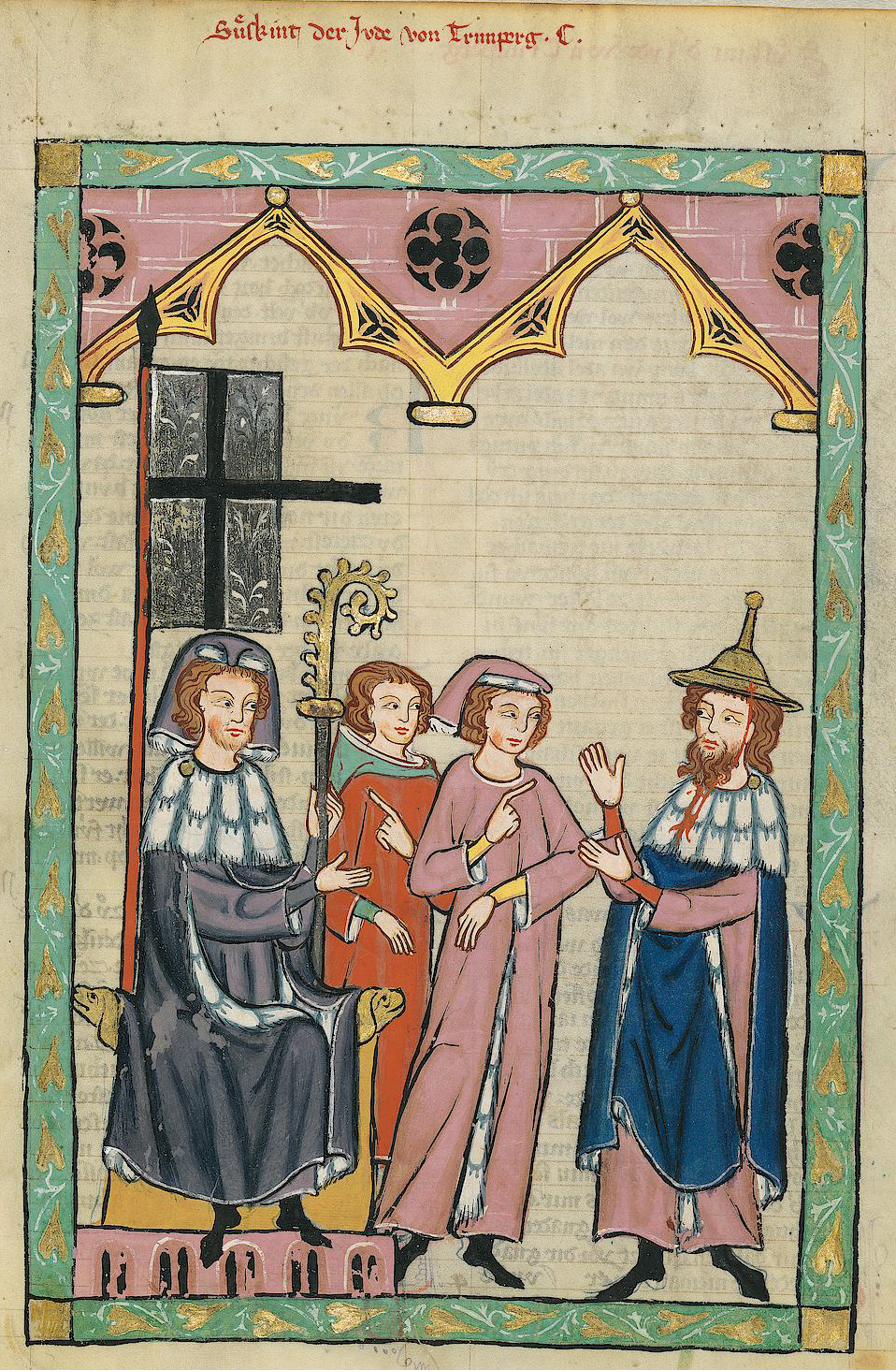 An illuminated page from the Codex Manesse showing a figure wearing the pointed Jewish hat, the Judenhut.