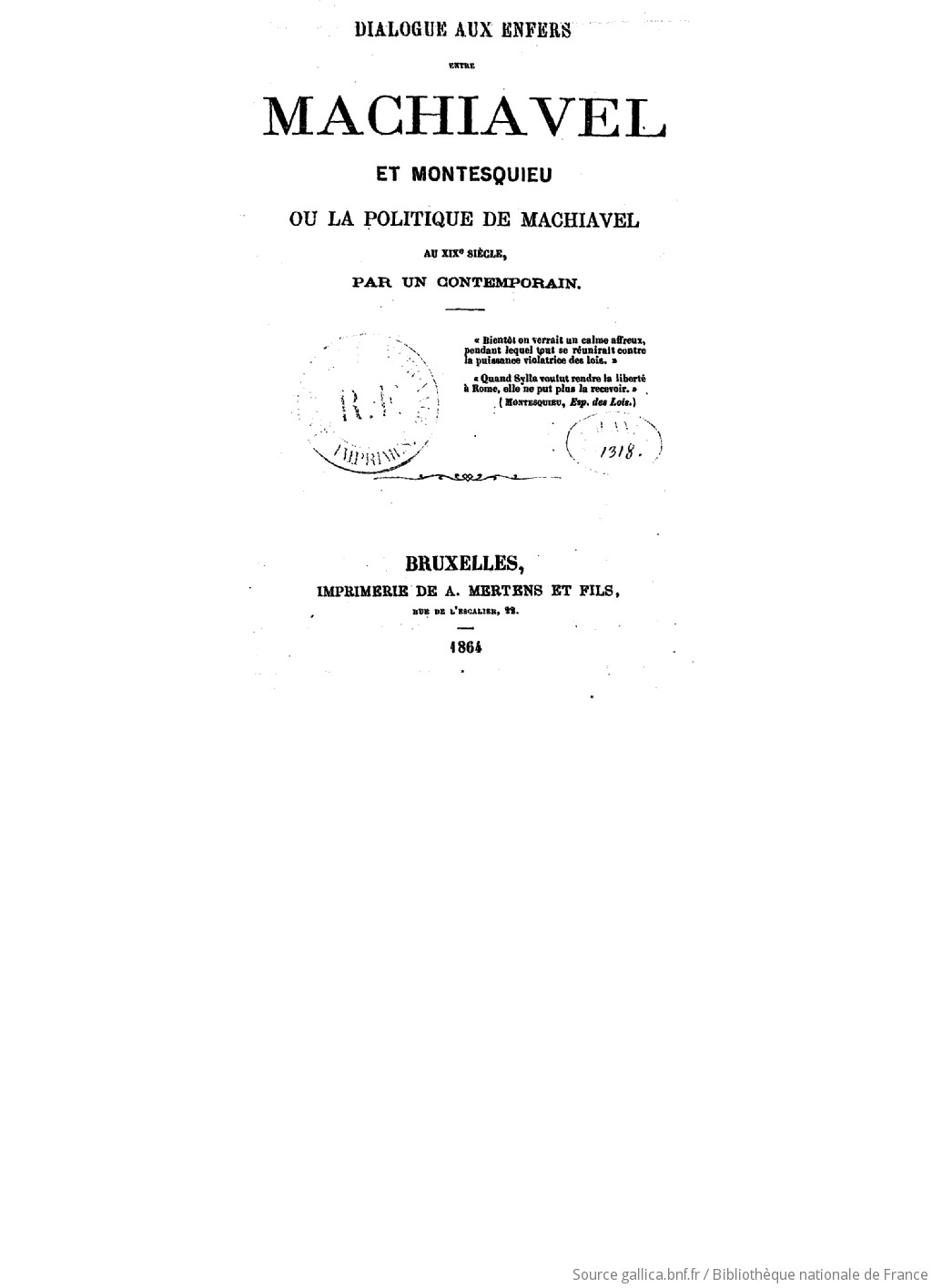The title page of Maurice Joly's 1864 Dialogue in Hell, an unrelated French political satire later plagiarized to forge an antisemitic hoax.