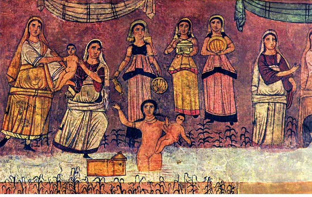 A painted panel from the Dura-Europos synagogue showing robed biblical figures, in muted ochre and red tones