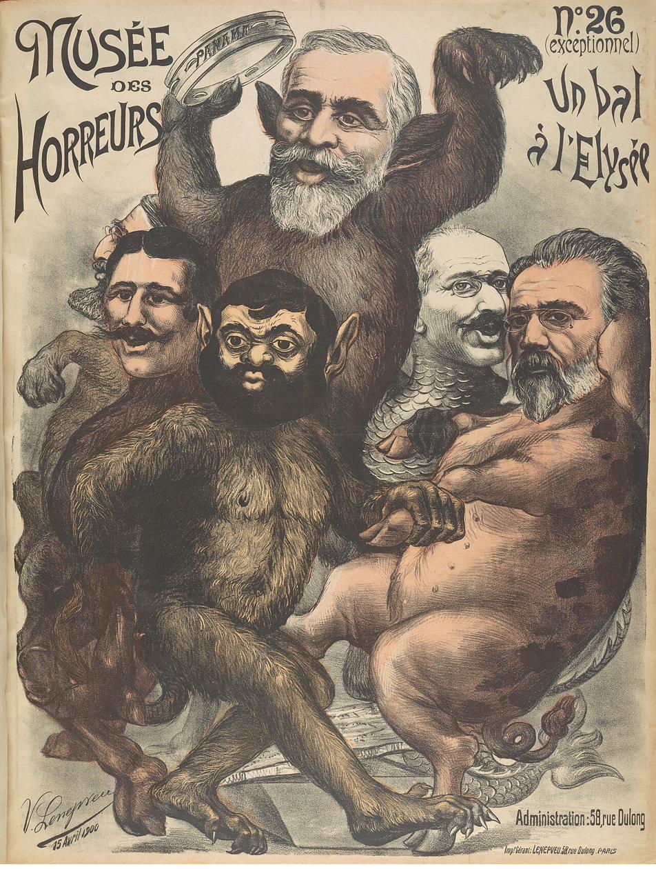 A period antisemitic caricature from the Dreyfus-era Musee des horreurs series, shown as historical evidence