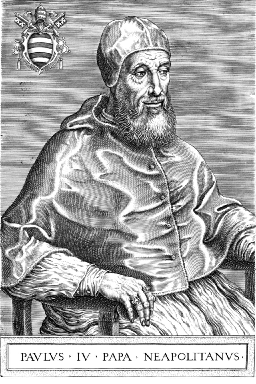 An engraved portrait of Pope Paul IV, elderly and bearded, in a papal cape and skullcap