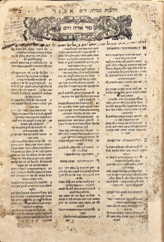 A printed page of a Hebrew code of Jewish law, dense text in two columns beneath a decorated header.
