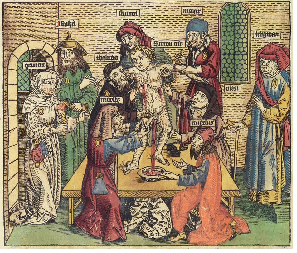 A 1493 woodcut depicting the blood-libel accusation surrounding Simon of Trent