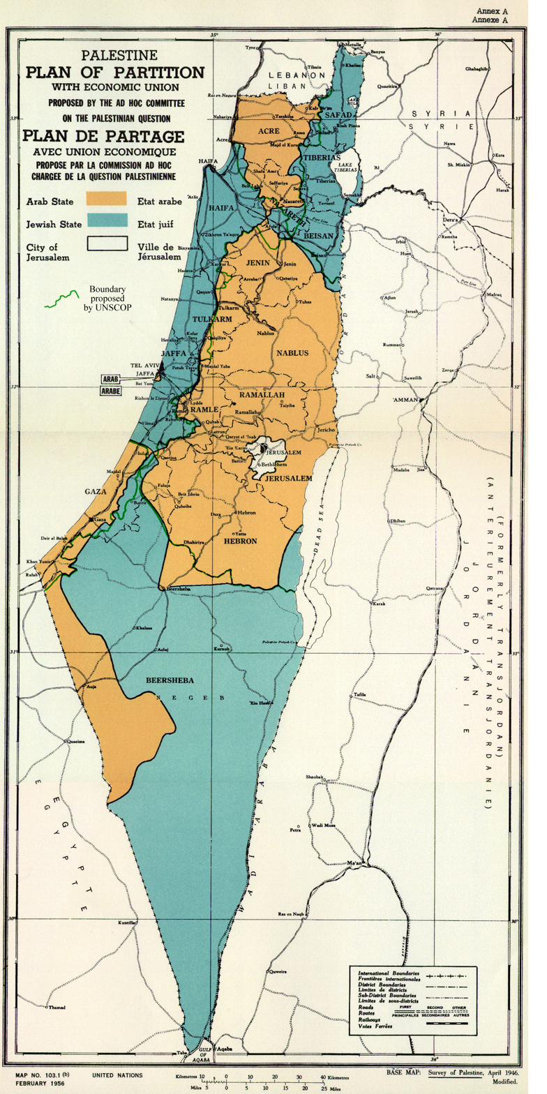 United Nations 1947 Partition Plan map for Palestine