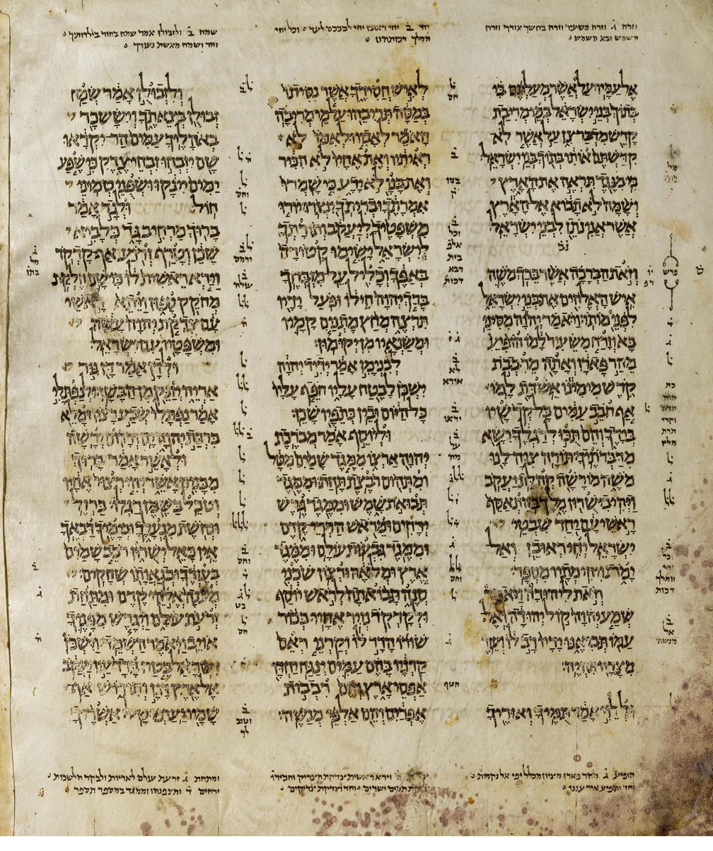 A page of the Aleppo Codex, a tenth-century Hebrew Bible manuscript, three columns of Hebrew script with marginal Masoretic notes on aged parchment.