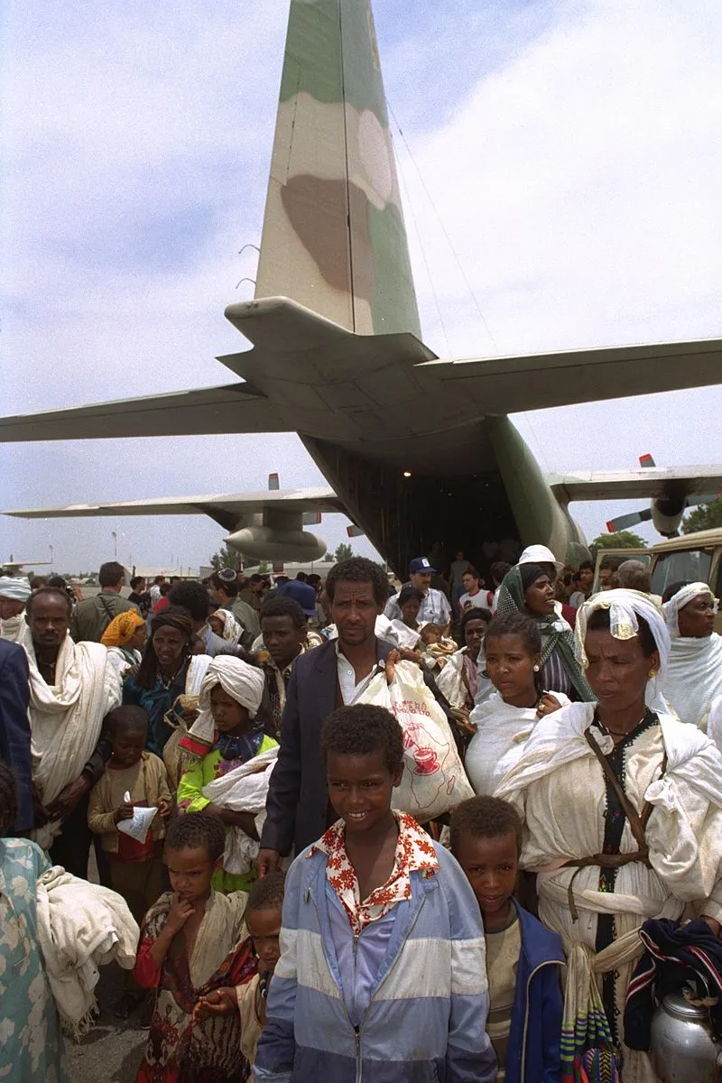 An Ethiopian Jewish family arriving in Israel during Operation Solomon, May 1991