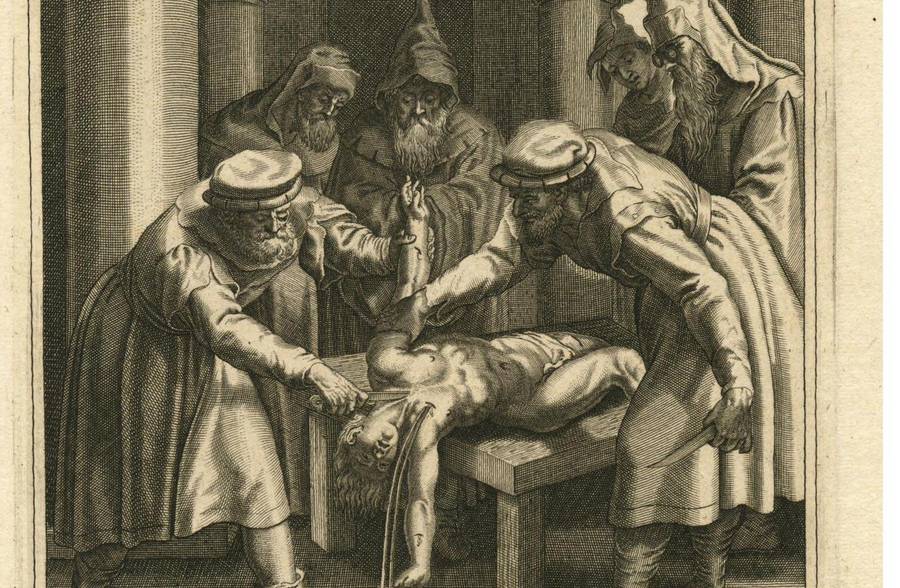 A 1695 engraving depicting the false ritual-murder accusation, showing a child on a table surrounded by figures, blood collected in a dish.