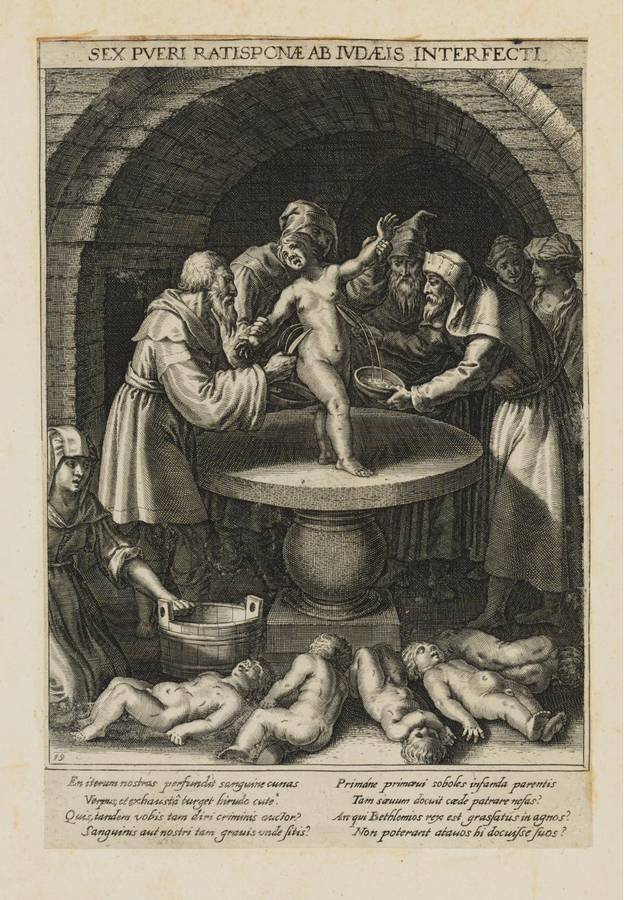 A 17th-century devotional engraving presenting the false ritual-murder accusation at Regensburg, with a Latin caption naming the supposed child victims.