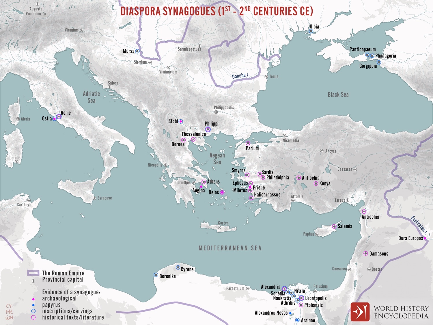 A historical map showing locations of Jewish synagogue communities around the Mediterranean and Near East in the first and second centuries CE.