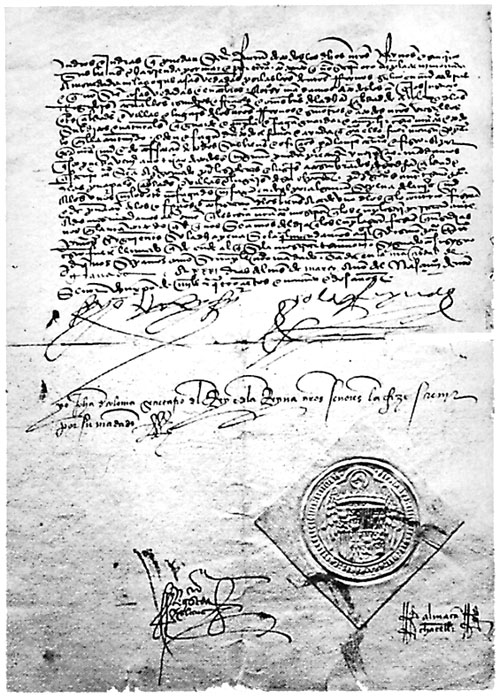 A page of the Alhambra Decree, the 1492 Spanish edict of expulsion, in dense early-modern script with a wax seal.