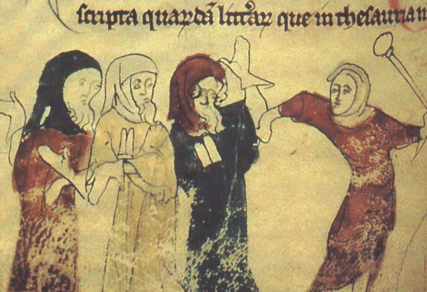 A 14th-century manuscript miniature showing Jews, wearing the required identifying badge, being expelled from England.