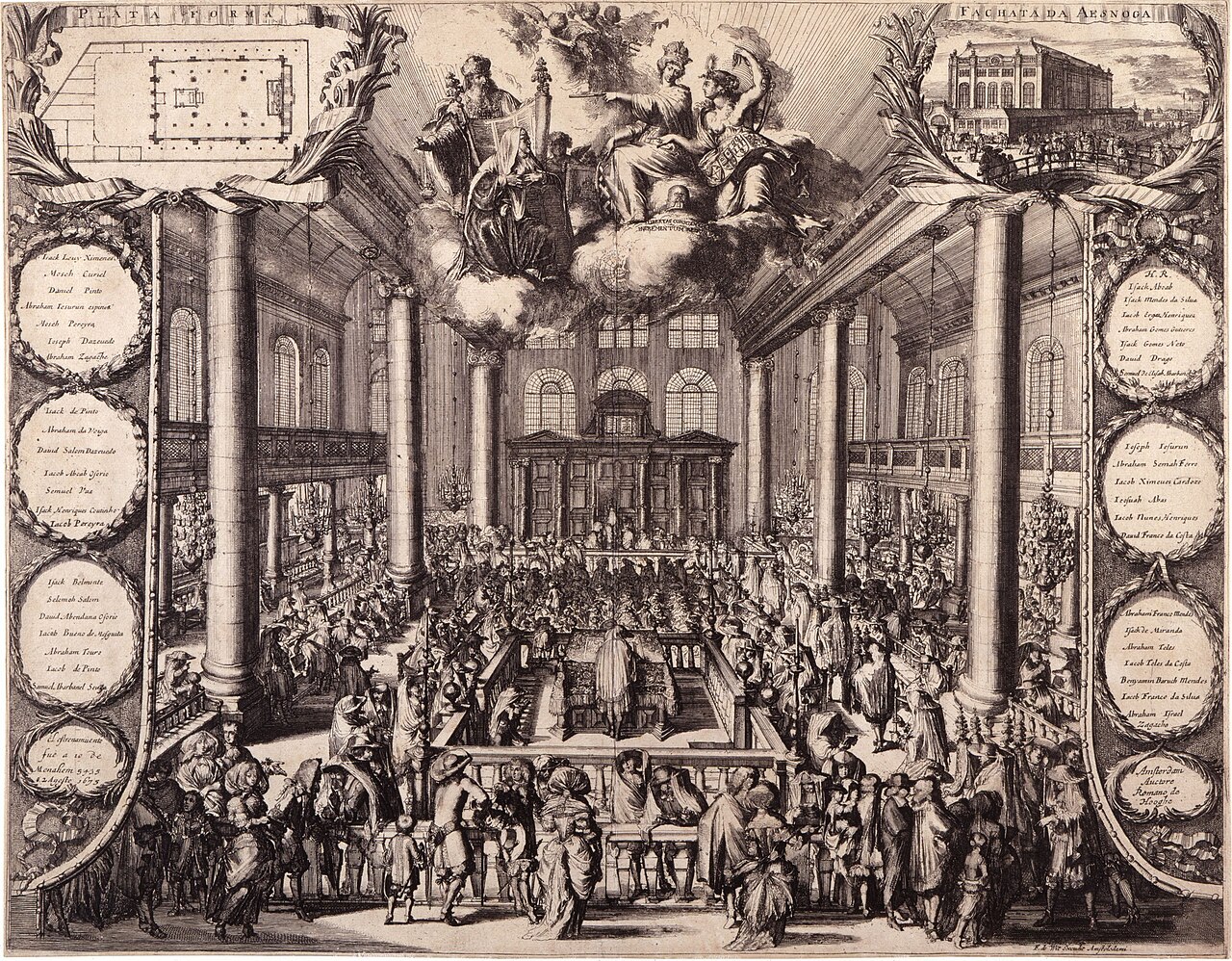 A 1675 engraving of the crowded interior of the Portuguese Synagogue of Amsterdam at its inauguration.