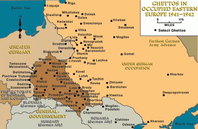 A map titled Ghettos in Occupied Eastern Europe 1941 to 1942, showing dozens of ghettos marked as stars scattered across occupied Poland, the Baltic states, and the western Soviet Union, including Warsaw, Lodz, Krakow, Bialystok, Lvov, Lublin, Vilna, and Minsk.