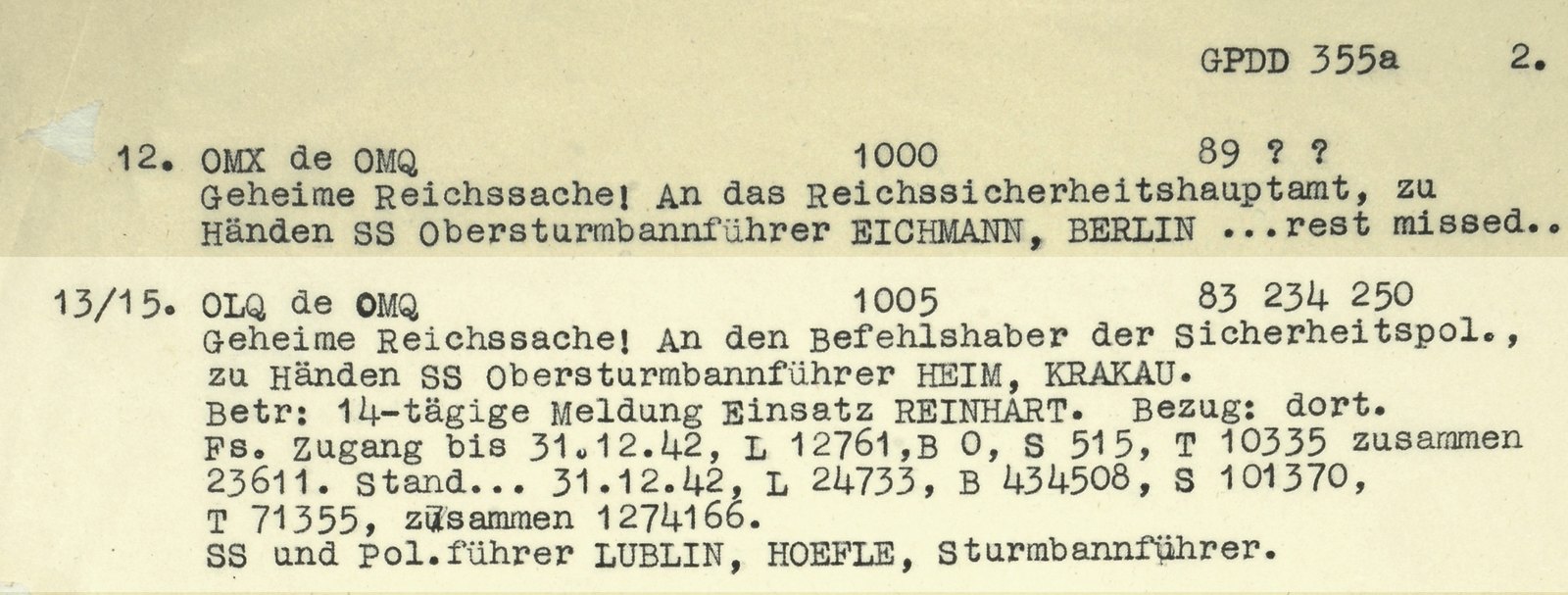 A typed British intelligence decrypt sheet from January 1943 carrying the Höfle message with the figures for Lublin, Bełżec, Sobibór, and Treblinka