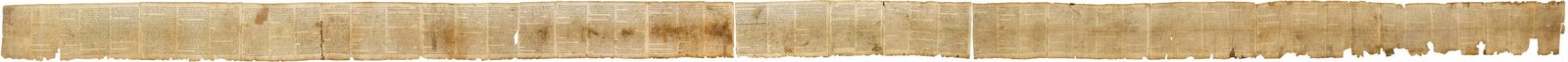 The entire Great Isaiah Scroll unrolled into a long horizontal strip, dozens of columns of ancient Hebrew text on aged tan parchment stretching end to end.