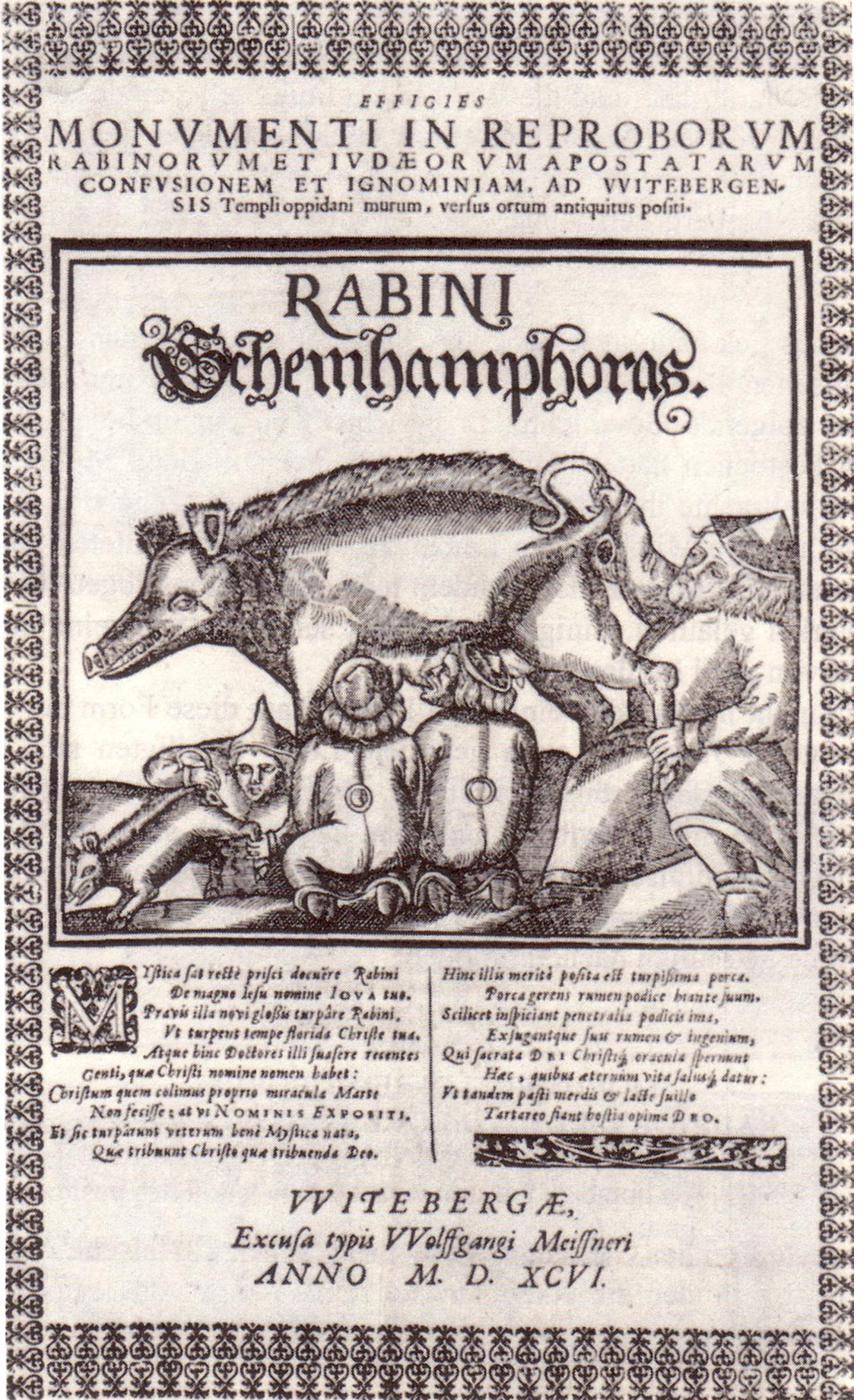 A 1596 printed engraving showing a large sow with several figures, labelled in Latin and Hebrew script, beneath the words Rabini Schem HaMphoras. Decorative border around the plate.