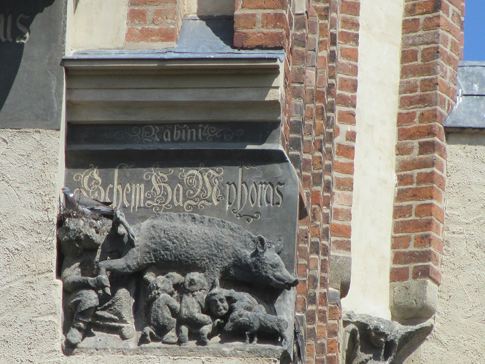 A medieval Judensau relief carved on the wall of the Stadtkirche in Wittenberg, Germany.