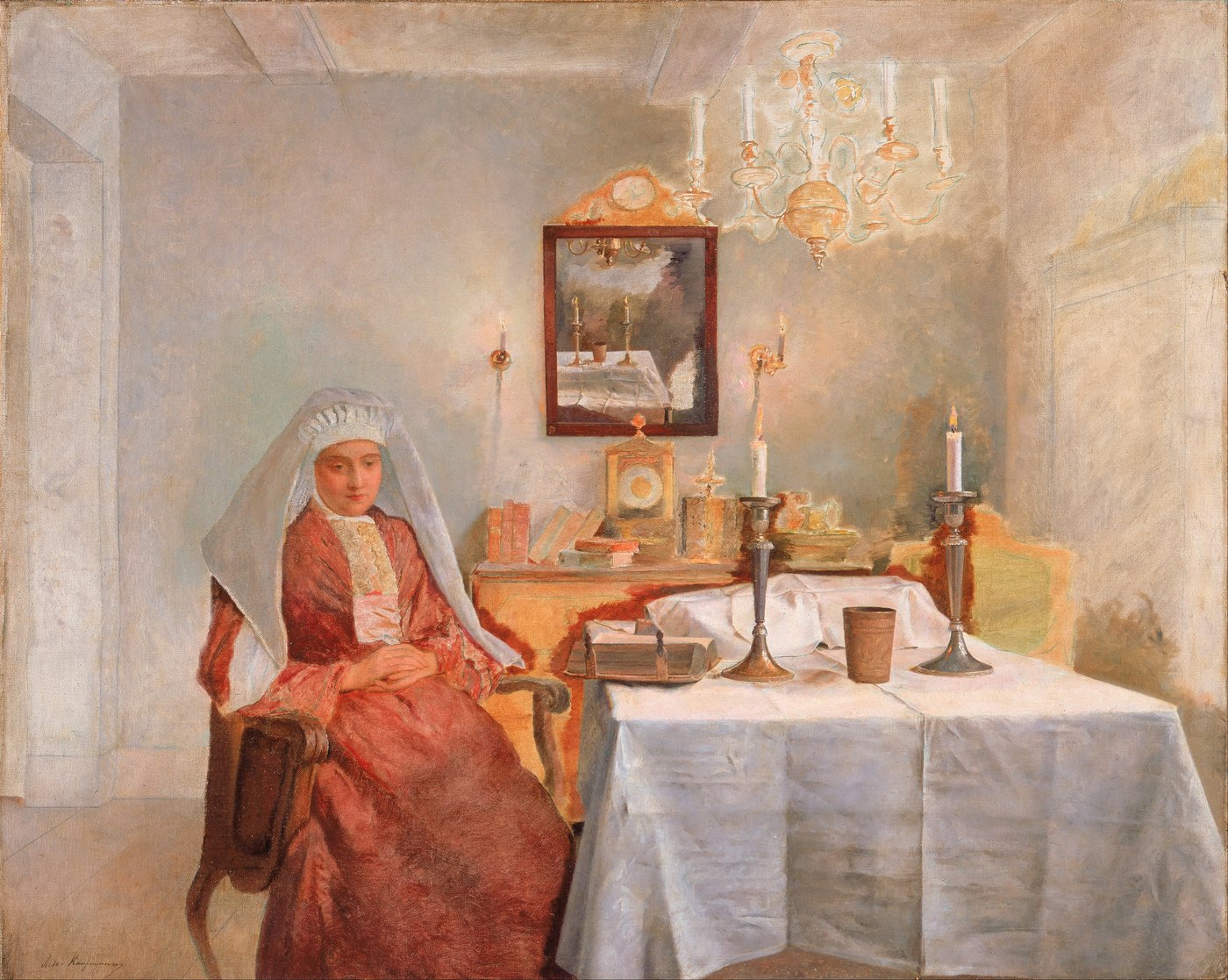 Isidor Kaufmann's painting Friday Evening: a woman stands beside a table set with Sabbath candles in a quiet room