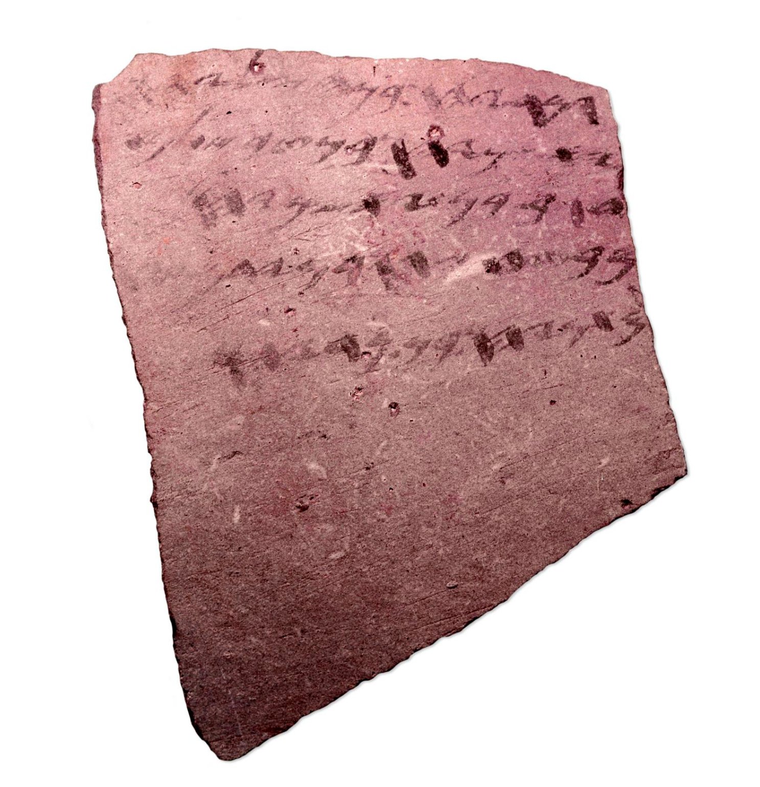 A reddish broken potsherd with several lines of faded dark-ink writing in an early Hebrew alphabet across its upper half.