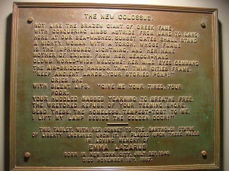 The bronze plaque inside the Statue of Liberty's pedestal bearing the full text of Emma Lazarus's sonnet The New Colossus.