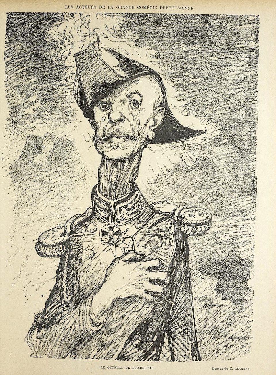 An 1898 French lithograph caricature by Charles Léandre of General de Boisdeffre, from a series titled 'The Actors of the Great Dreyfus Comedy.'