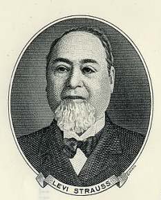 An oval nineteenth-century engraved portrait of Levi Strauss, a balding man with a white beard in a dark suit, his name on a banner below