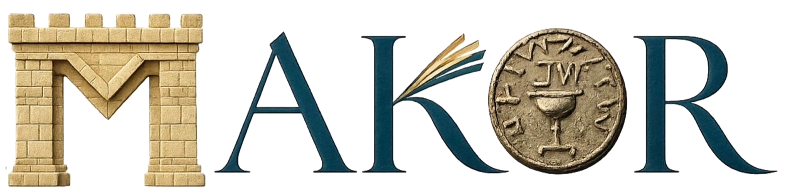 The MAKOR wordmark: the M built from Jerusalem limestone evoking the Temple, and the O rendered as a silver coin from the First Jewish Revolt against Rome