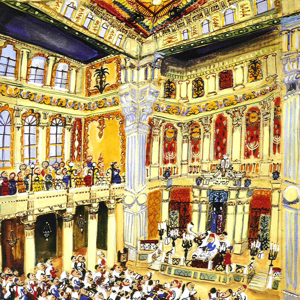 A vivid, colorful painting of the crowded interior of a Roman synagogue during Rosh Hashana, with a women's gallery above, a draped Torah ark, and worshippers filling the floor below.