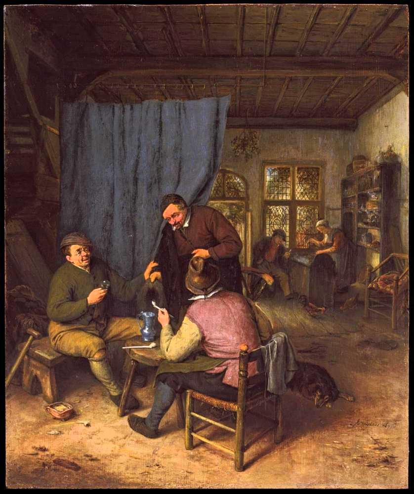 A small 17th-century Dutch oil painting on panel: figures conversing inside a dim tavern interior, by Adriaen van Ostade, dated 1671.