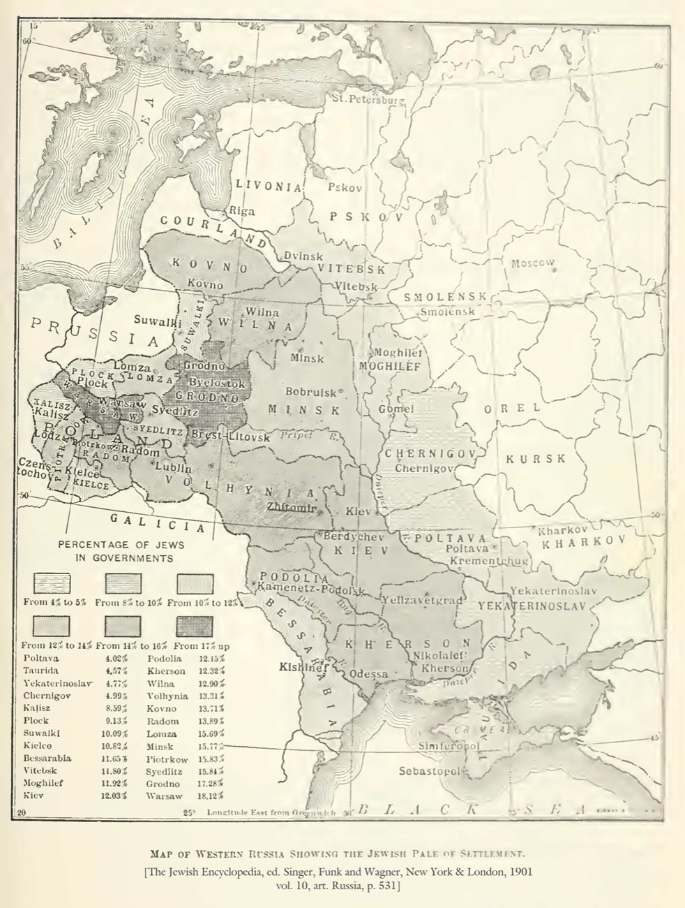 A 1905 map of the western Russian Empire shading each province by the percentage of its population that was Jewish, concentrated in the Pale of Settlement and Congress Poland.