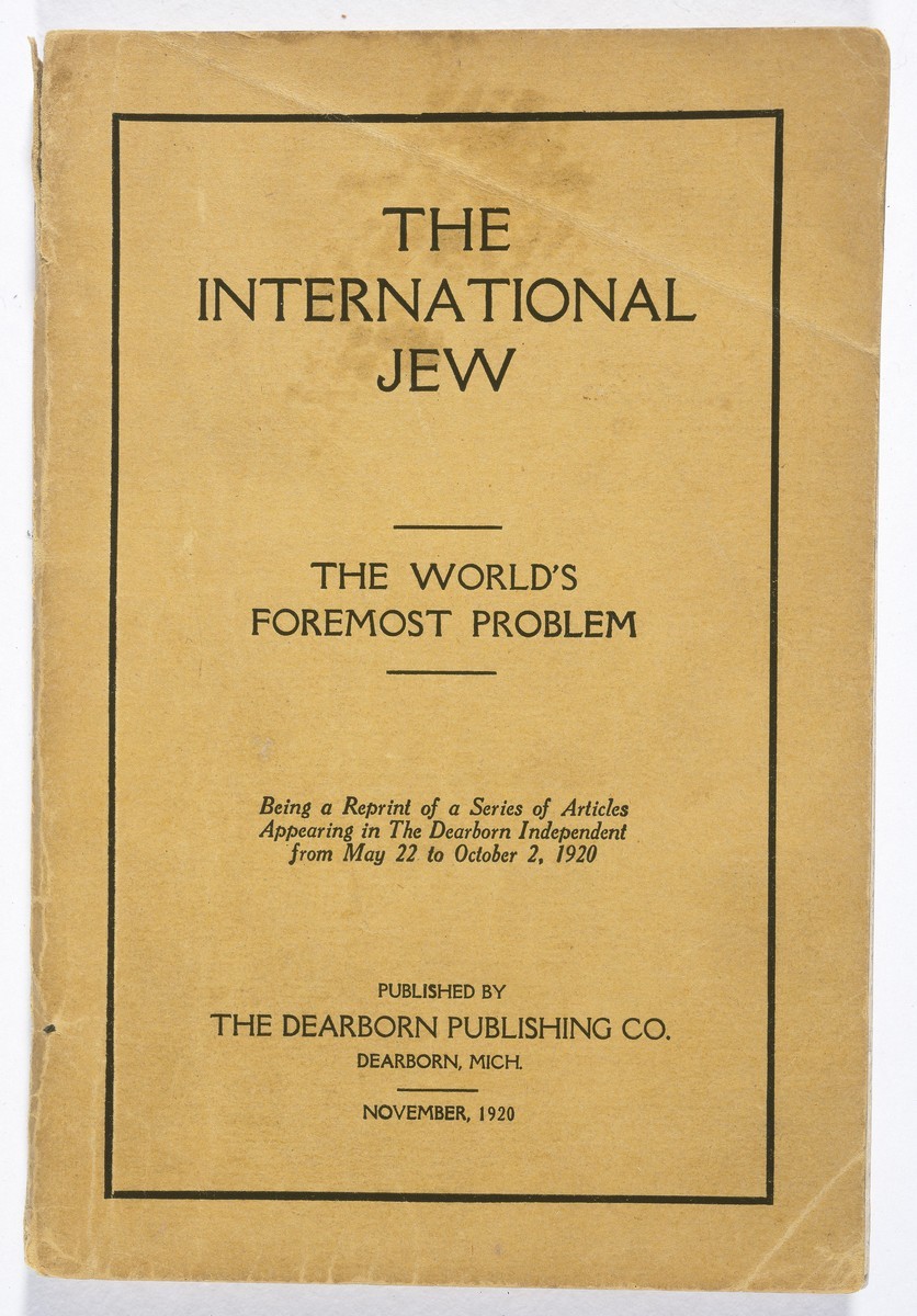 The printed cover of The International Jew: The World's Foremost Problem, a 1920 booklet reprinting the antisemitic Dearborn Independent series.