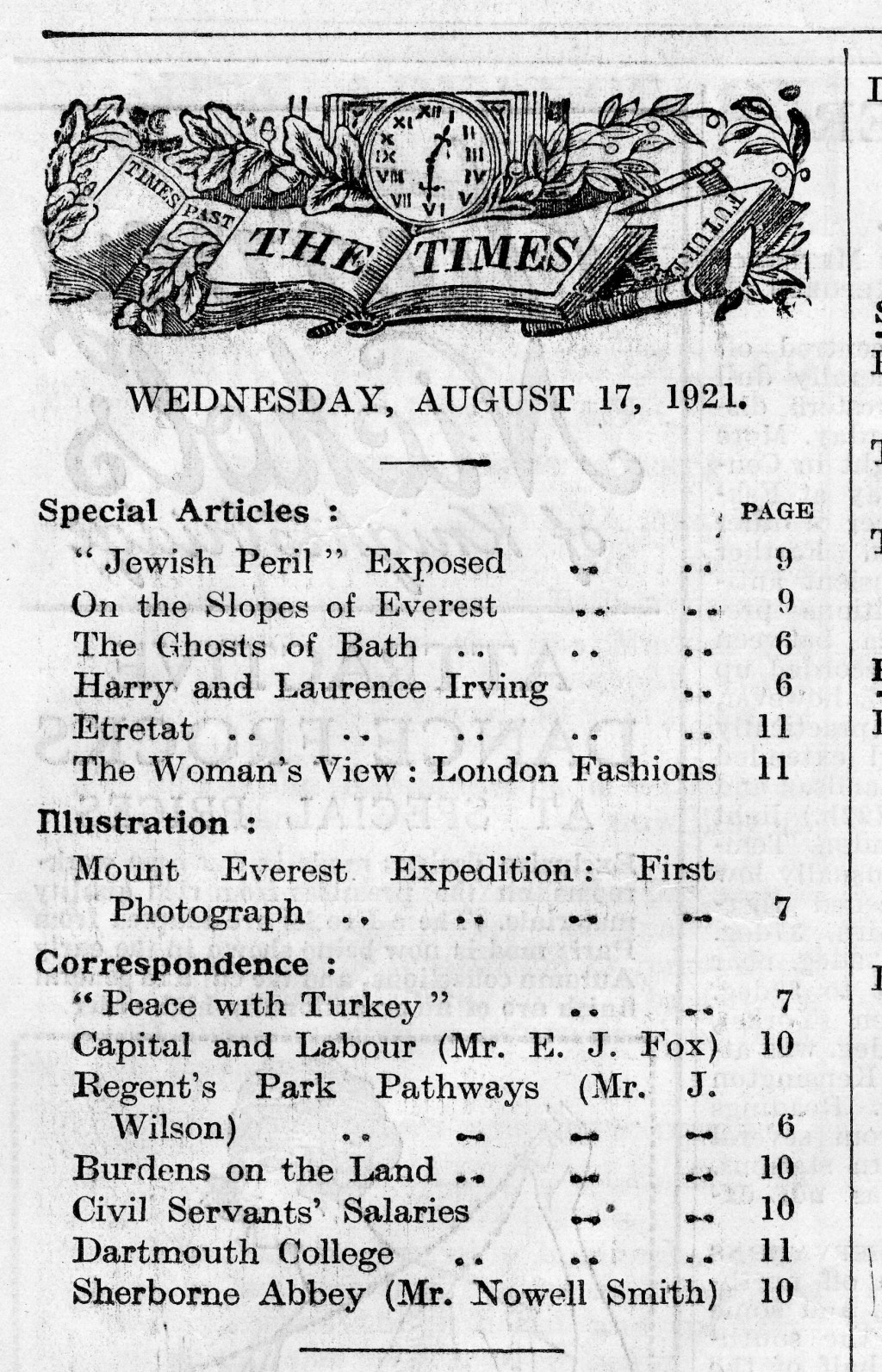 The front-page index of The Times of London for Wednesday, August 17, 1921, listing the special article 'Jewish Peril Exposed' on page 9.