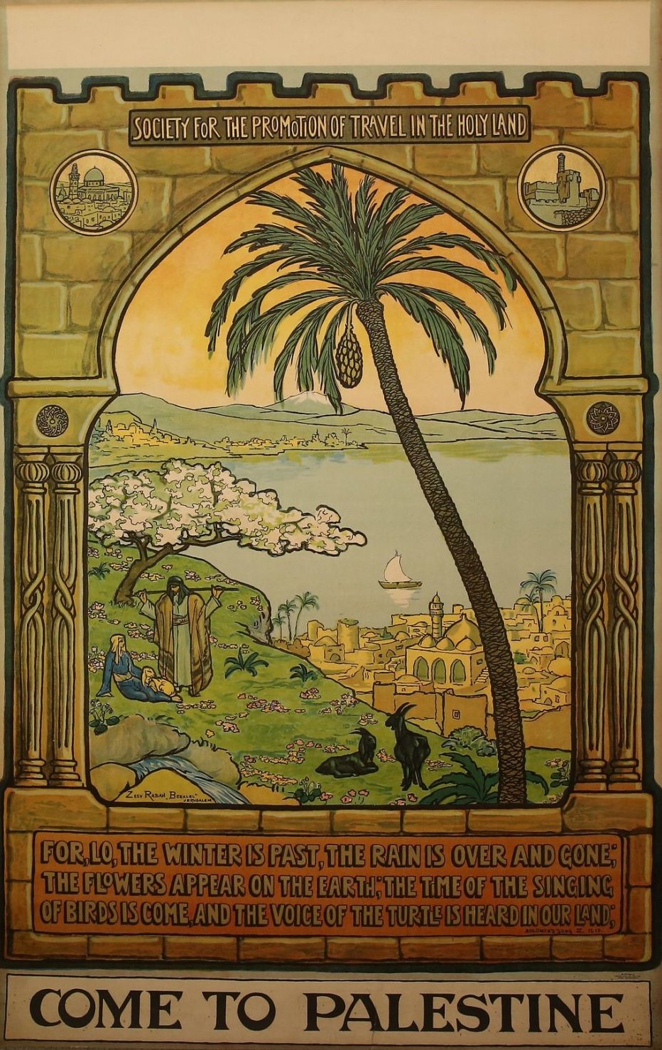 A richly colored lithograph: through a horseshoe arch in a golden stone wall, a shepherd rests under a blossoming almond tree above the Sea of Galilee, a date palm rising past a sailboat, snow-capped Mount Hermon beyond, over the words Come to Palestine