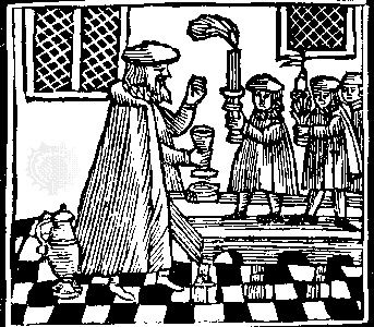 A 1662 woodcut of the Havdalah ceremony: a man holds a cup while a tall braided candle is raised