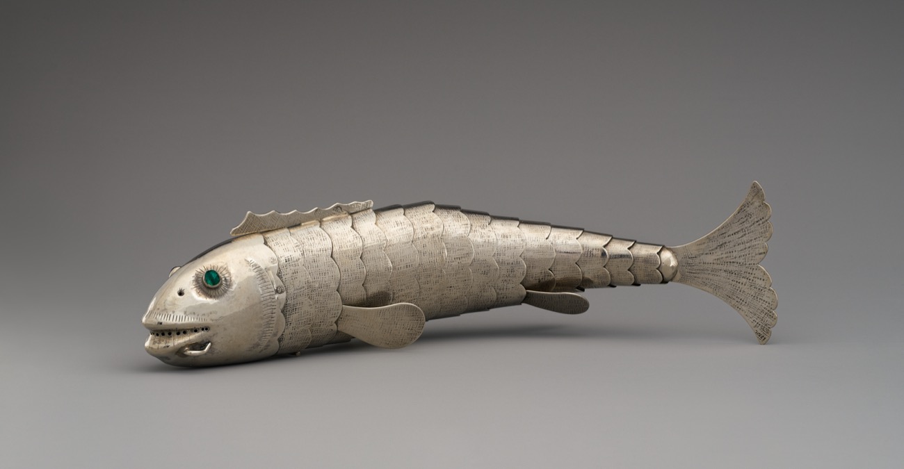 A silver Havdalah spice container shaped like a fish