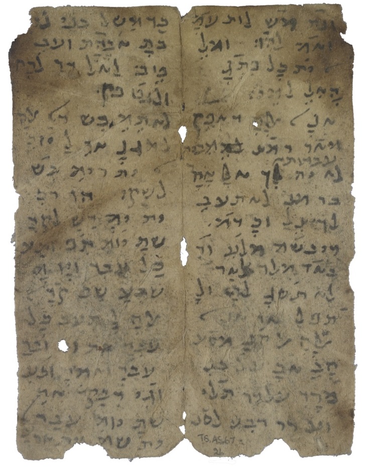 A worn, brown Hebrew manuscript leaf written in two columns, torn at the edges with several small holes. A shelfmark reading T-S AS 67 is visible at the bottom.
