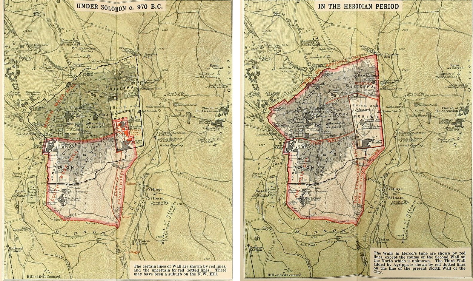 Two plans of Jerusalem from a 1915 atlas, side by side: the city under Solomon about 970 BCE and the city in the Herodian period, each drawn as a red outline over the modern street plan, with the Temple platform marked Moriah.