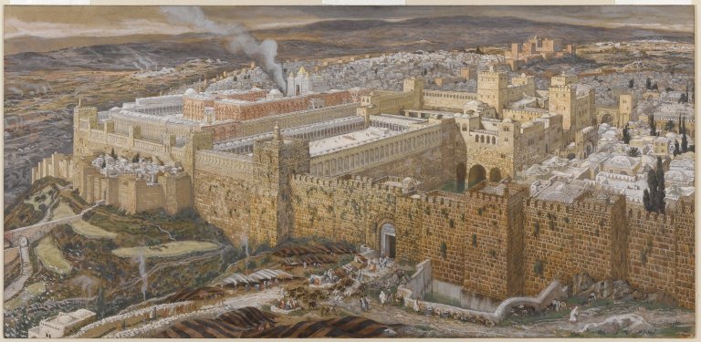 A painted bird's-eye view of ancient Jerusalem: massive stone walls enclose a wide paved platform with a columned temple complex at its center, the walled city rising behind it and open hills beyond.