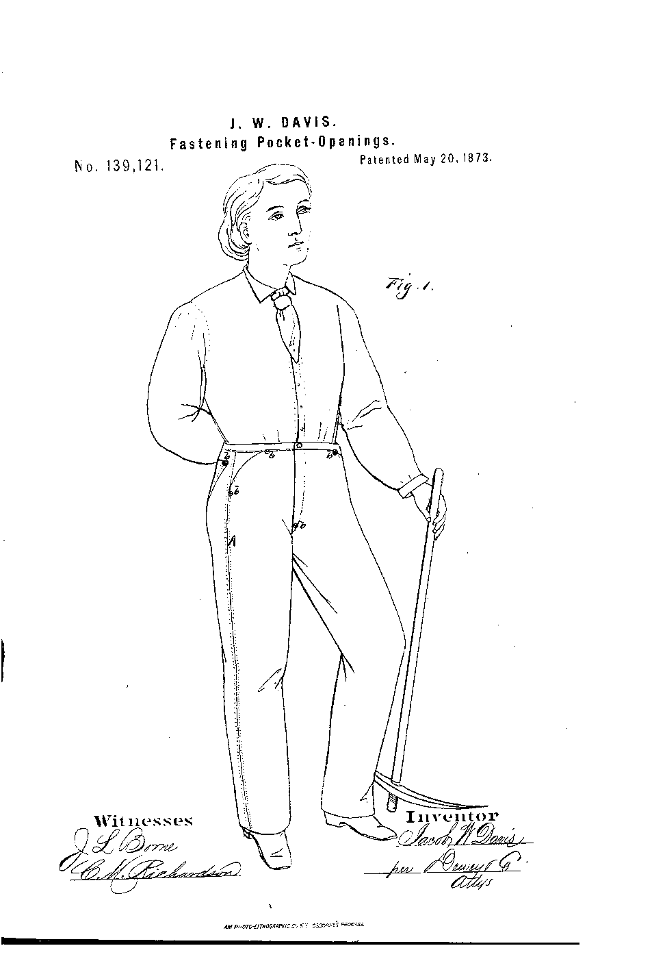 The drawing page of United States Patent 139,121: a line drawing of a working man wearing riveted trousers and holding a pick, dated May 20, 1873