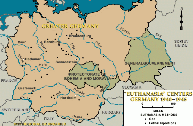 A United States Holocaust Memorial Museum map of Greater Germany, 1939 borders, marking the six euthanasia killing centers with gas chambers as squares and the clinics where killing by lethal injection continued as dots.