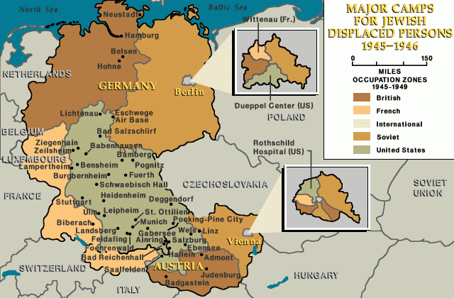 A United States Holocaust Memorial Museum map of occupied Germany and Austria, 1945 to 1946, colored by occupation zone and marking the major camps for Jewish displaced persons, with insets for Berlin and Vienna.