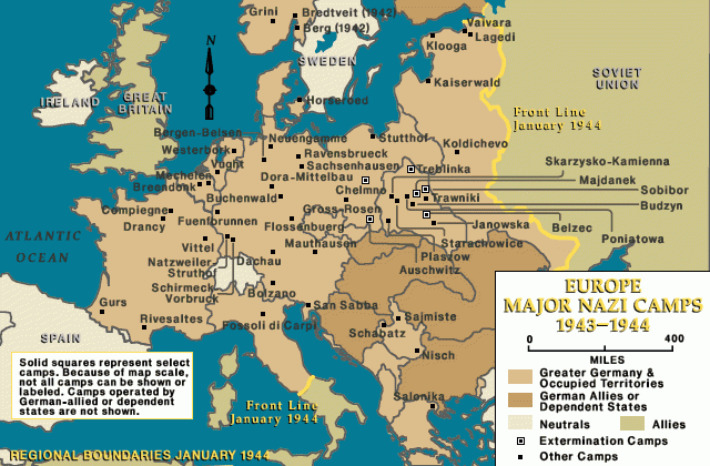 A United States Holocaust Memorial Museum map of Europe marking the major Nazi camps in 1943 and 1944, with the killing centers in occupied Poland shown as boxed squares and the January 1944 front lines drawn in.